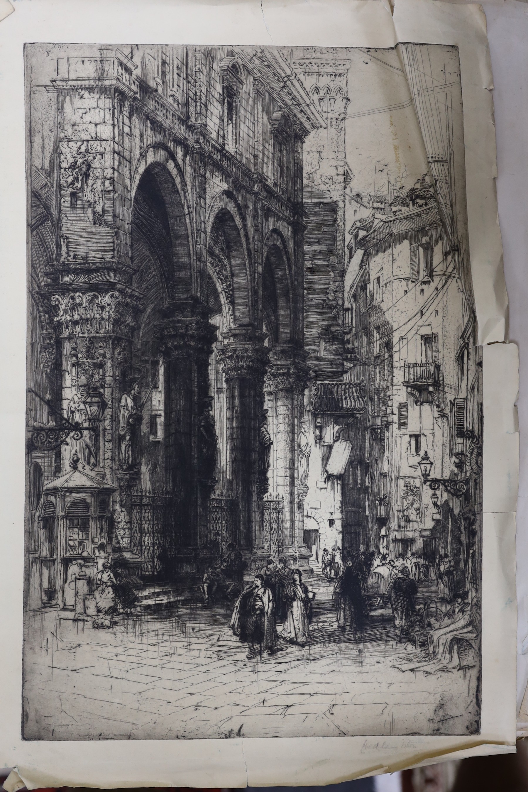 G. Borelli of Rome. A folio of photographs of antiquities and historical artefacts, together with an etching by Hedley Fitton, overall 49 x 38cm